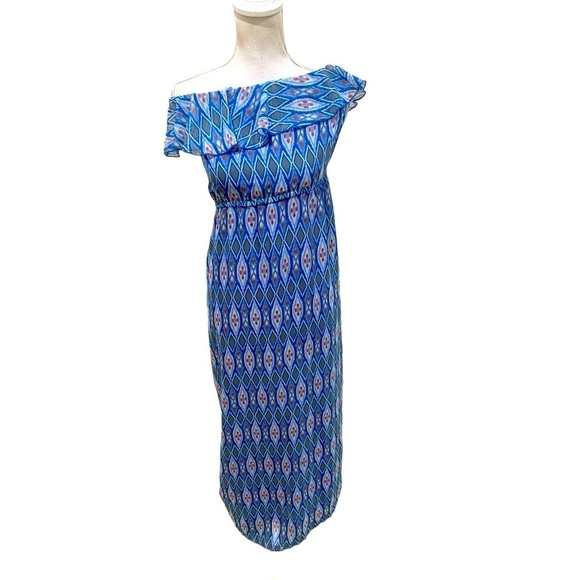 Tulle blue print off the shoulder peasant maxi dress lined ruffle neckline small - Picture 1 of 10